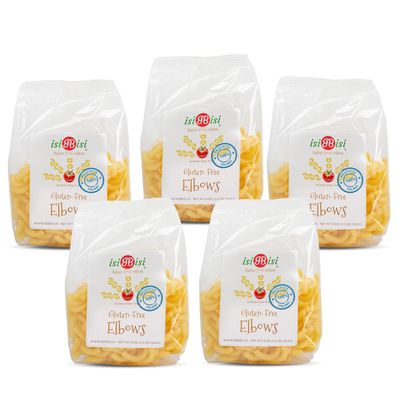 isiBisi Gluten-Free Elbow Pasta, 5-Pack - Artisanal Corn and Rice Noodles - Non GMO Vegan, Made in Italy (1/2-Pound)