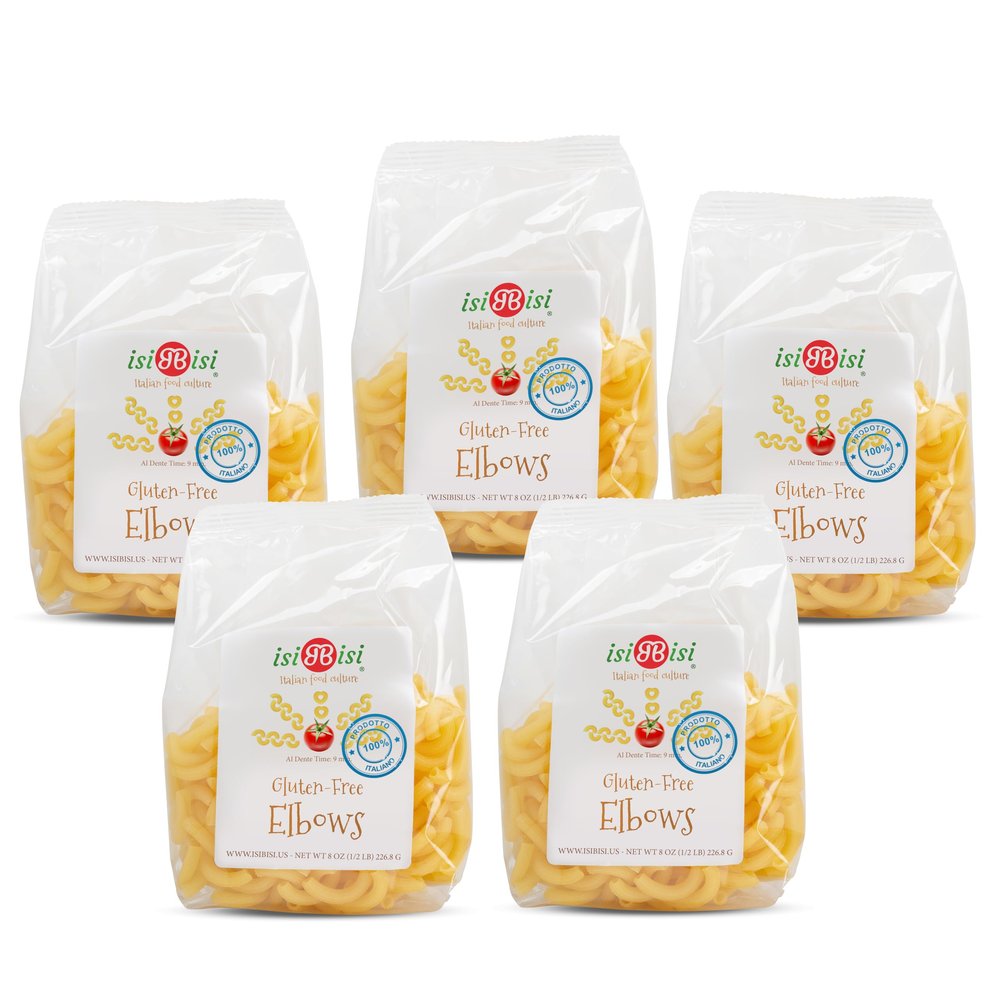 isiBisi Gluten-Free Elbow Pasta, 5-Pack - Artisanal Corn and Rice Noodles - Non GMO Vegan, Made in Italy (1/2-Pound)