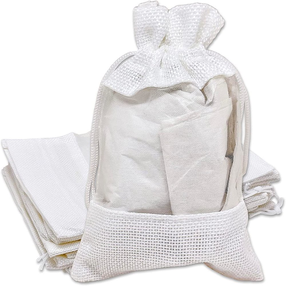 48-Pack Small Linen Burlap & Organza Gift Bags w. Drawstrings (3.5x5.5 in, White) - Party Favors, Presents, Samples & Treats Mesh Pouch by The Display Guys
