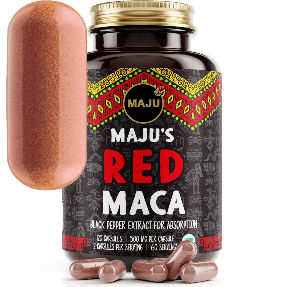 Maju Superfoods Organic Red Maca Root Capsules 120ct - Women Focused Curve Enhancement Nutrition Booster Pills, Gain for Thighs, Powder in Pill Supplement