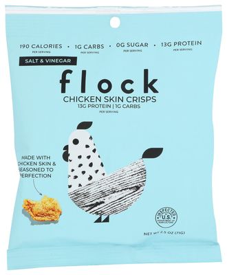 Flock Chicken Skin Crisps, Salt & Vinegar Flavor, Fried in Soybean Oil, 13g Protein, 1g Carbs, 0g Sugar, 2.5 Ounce (Pack of 8)