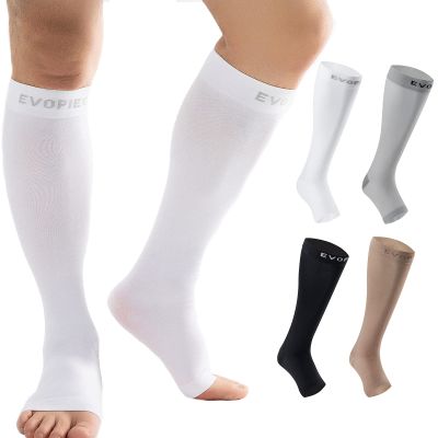 EVOPLECI 15-20mmHg Open Toe Compression Socks White Toeless Compression Socks for Reduce Swelling and Alleviates Varicose Veins XL