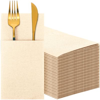 Cindeer 150 Pcs Champagne Linen Dinner Feel Napkins with Built in Flatware Pocket Prefolded Paper Disposable Airlaid Guest Hand Towel for Silverware Wedding Reception Christmas Baby Shower