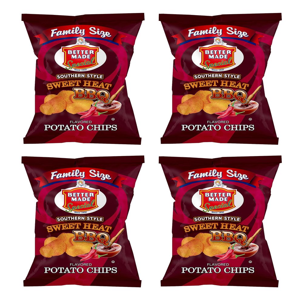 Better Made BBQ Barbecue Potato Chips - Sweet, Red Hot, Honey, Sweet Heat - Snacks - Family Owned Since & Operated (SWEET HEAT BBQ, 4 PACK FAMILY SIZE)