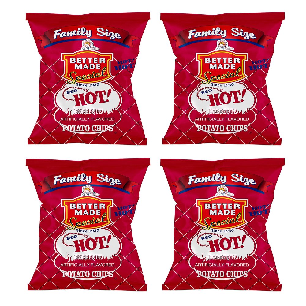 Better Made BBQ Barbecue Potato Chips - Sweet, Red Hot, Honey, Sweet Heat - Snacks - Family Owned Since & Operated (RED HOT, 4 PACK FAMILY SIZE) - Spicy, Crunchy, Lunch