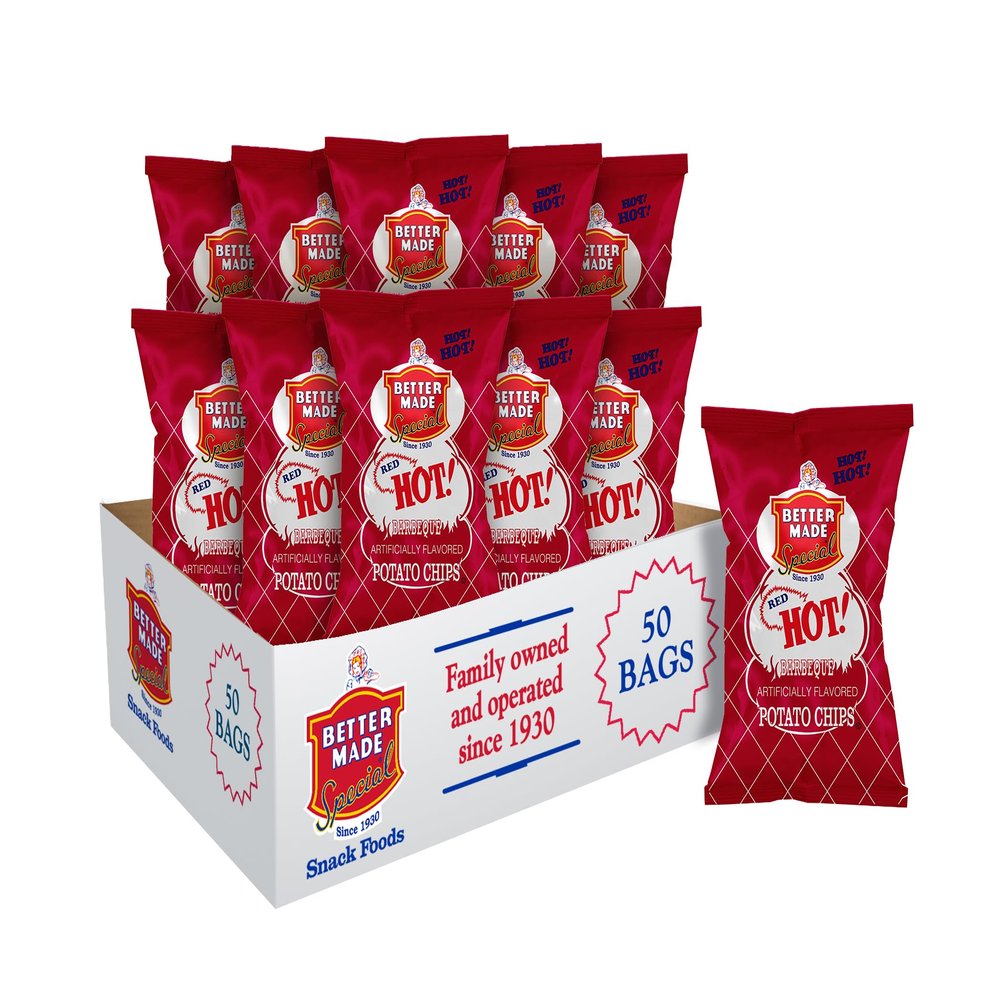 Better Made BBQ Barbecue Potato Chips - Sweet, Red Hot, Honey, Sweet Heat - Snacks - Family Owned Since & Operated (RED HOT, 50 PACK 1OZ) - Snacks, Lunch, Delicious, Spicy