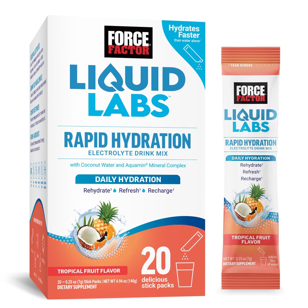 Force Factor Liquid Labs Electrolytes Powder PacketsTropical FruitHydration Packets to Make Electrolyte Water, with 5 Essential Electrolytes, Vitamins, Minerals, and Antioxidants, 20 Stick Packs