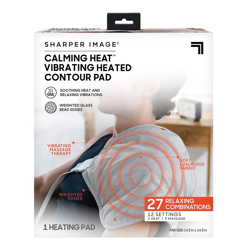 Calming Heat Vibrating Heating Contour Pad by Sharper Image- Weighted Electric Heating Pad with Massaging Vibrations, 12 Settings- 3 Heat, 9 Massage- 27 Relaxing Combinations, 14.5 x 14.5, 4 lbs