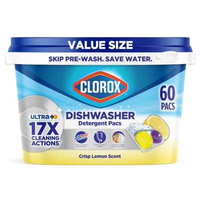 Clorox Ultra+ Dishwasher Detergent Pacs, 60 Count, Stain Fighting, No Prewash Needed, Removes Burnt-on Food, Crisp Lemon Scent Pods - Packaging May Vary