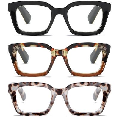3 Pack Readers for Women Oprah Style Square Reading Glasses with Spring Hinge Blue Light Blocking for Men Ladies HCB +2.0