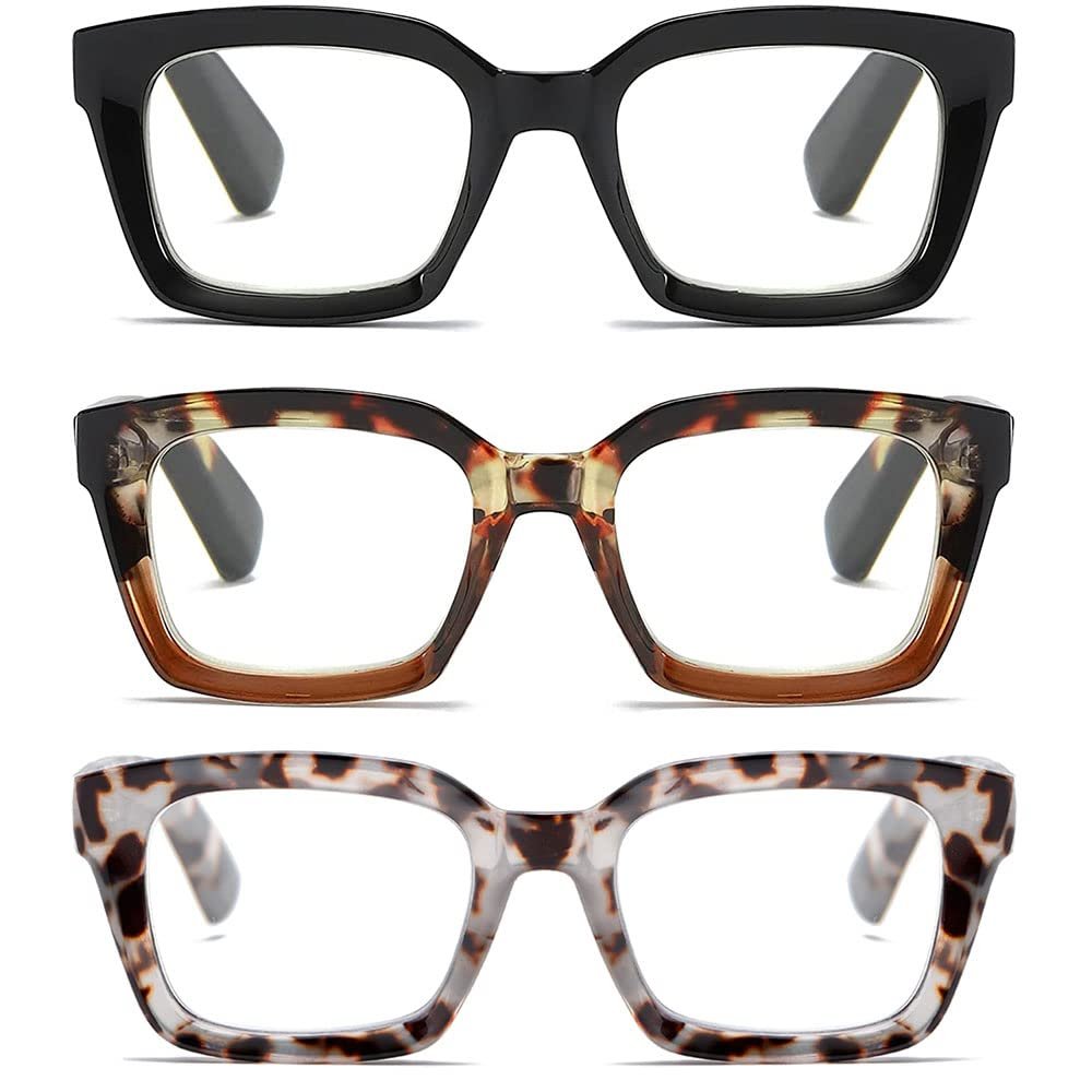 3 Pack Readers for Women Oprah Style Square Reading Glasses with Spring Hinge Blue Light Blocking for Men Ladies HCB +2.0