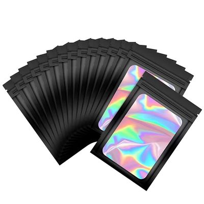 50 Pack Black Mylar Bags, Plastic Smell Proof Bag Reusable Holographic Bags Small Ziplock Bag with Clear Window Jewelry Sample Gift Food Bags Small Business Packaging Supplies (3" x 5")