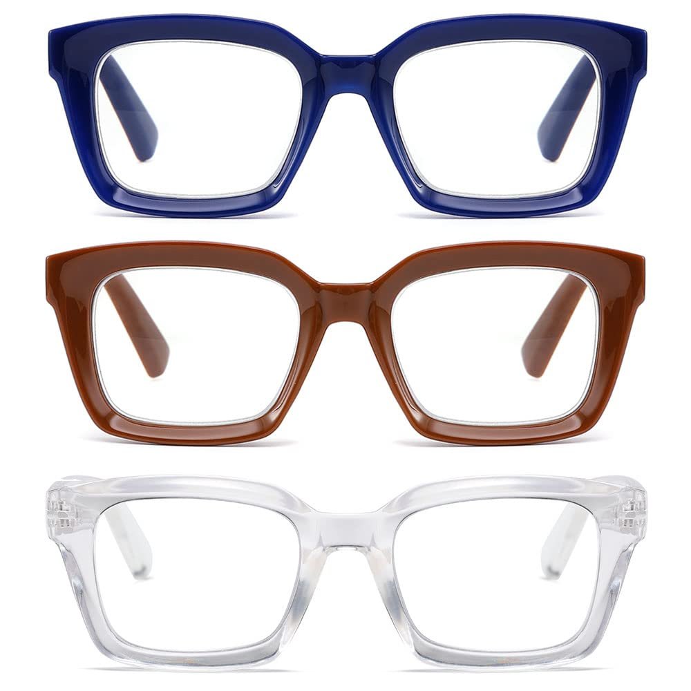 3 Pack Readers for Women Oprah Style Square Reading Glasses with Spring Hinge Blue Light Blocking for Men Ladies LZT +1.5