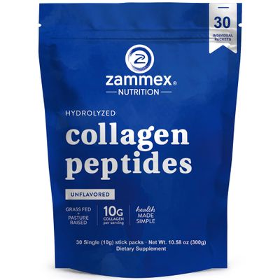 Zammex Premium Collagen Peptides Powder, 30 Sticks Travel Packets(Type I, III), Unflavored Collagen Protein Powder to Go, Hydrolyzed Collagen Peptide for Skin Hair Nail Joint, 10g per Serving
