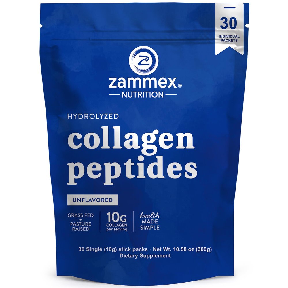 Zammex Premium Collagen Peptides Powder, 30 Sticks Travel Packets(Type I, III), Unflavored Collagen Protein Powder to Go, Hydrolyzed Collagen Peptide for Skin Hair Nail Joint, 10g per Serving