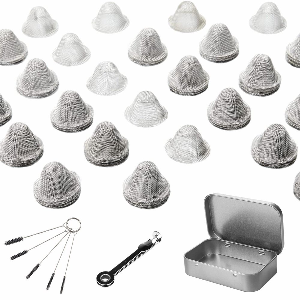 60 Pieces 1/2 Inch Stainless Steel Mesh Clean Screens with Tapered Design, 0.5 Inch Size, Along with a 3-in-1 Cleaning Tool, Brush, and Stainless Steel Storage Box