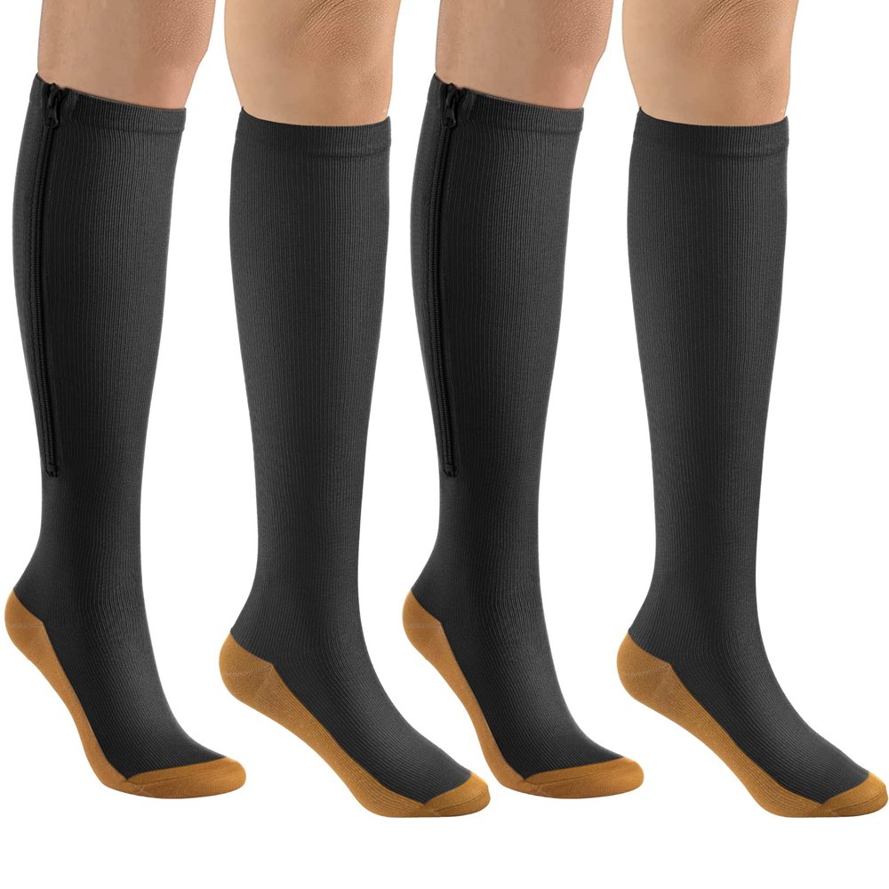 bropite Zipper Compression Socks Women & Men - 2Pairs Calf Knee High 15-20mmHg Closed Toe Compression Stocking
