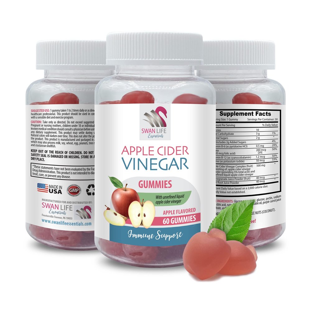 Natural Digestive Support - APPLE CIDER VINEGAR GUMMIES - healthy skin supplemen - energy booster, apple cider vinegar gummies with the mother, detox, vegan, gluten-free, non-GMO, 1 Bot, 60 Gummies