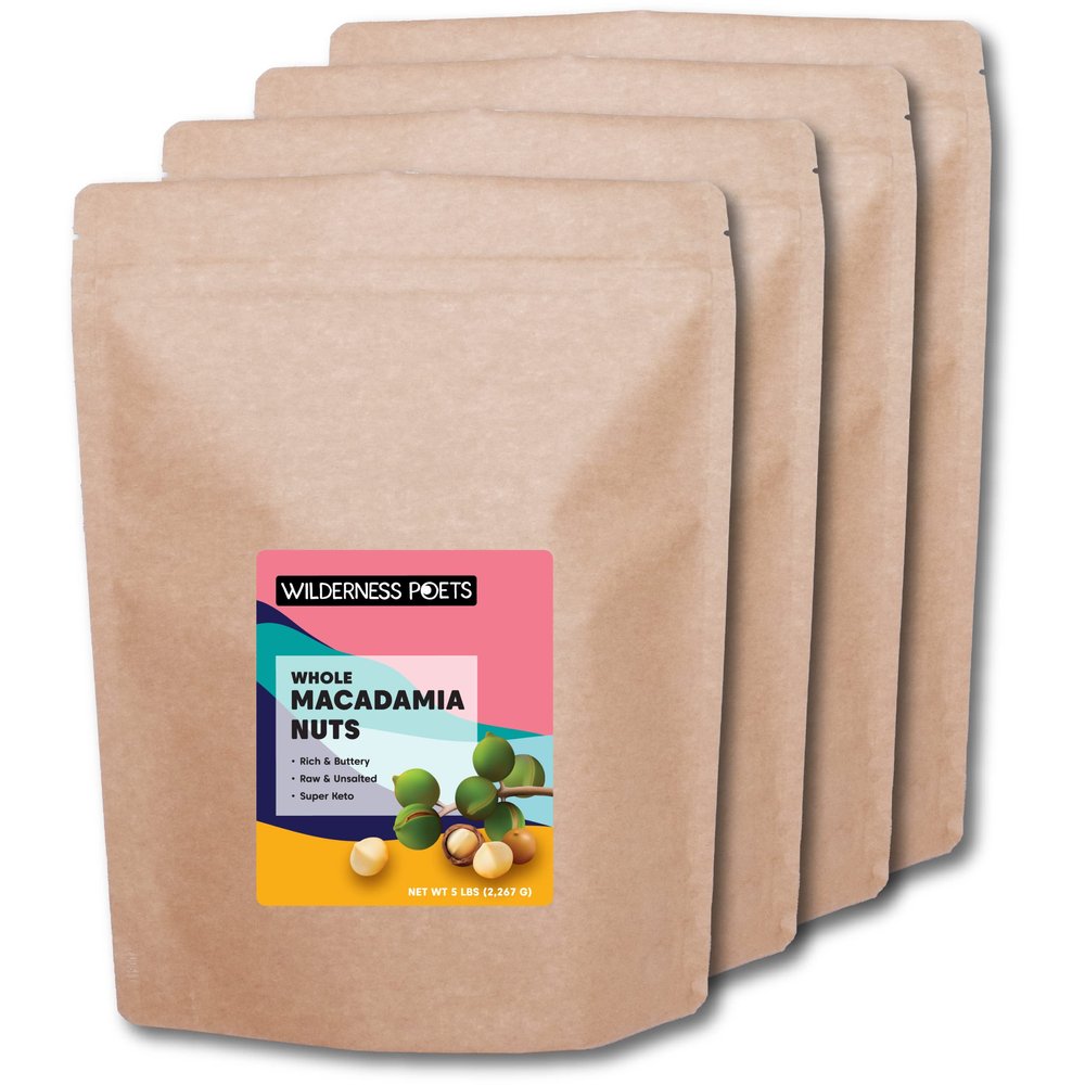 Wilderness Poets, Raw Whole Macadamia Nuts - Fresh, Buttery, Unsalted, Unroasted - Bulk Size, Super Keto (5 Pound - Pack of 4)
