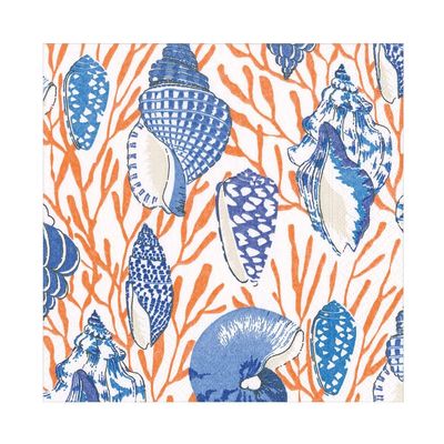 Caspari Shell Toile Luncheon Napkins in Coral & Blue - 20 Per Package - 2 Packages