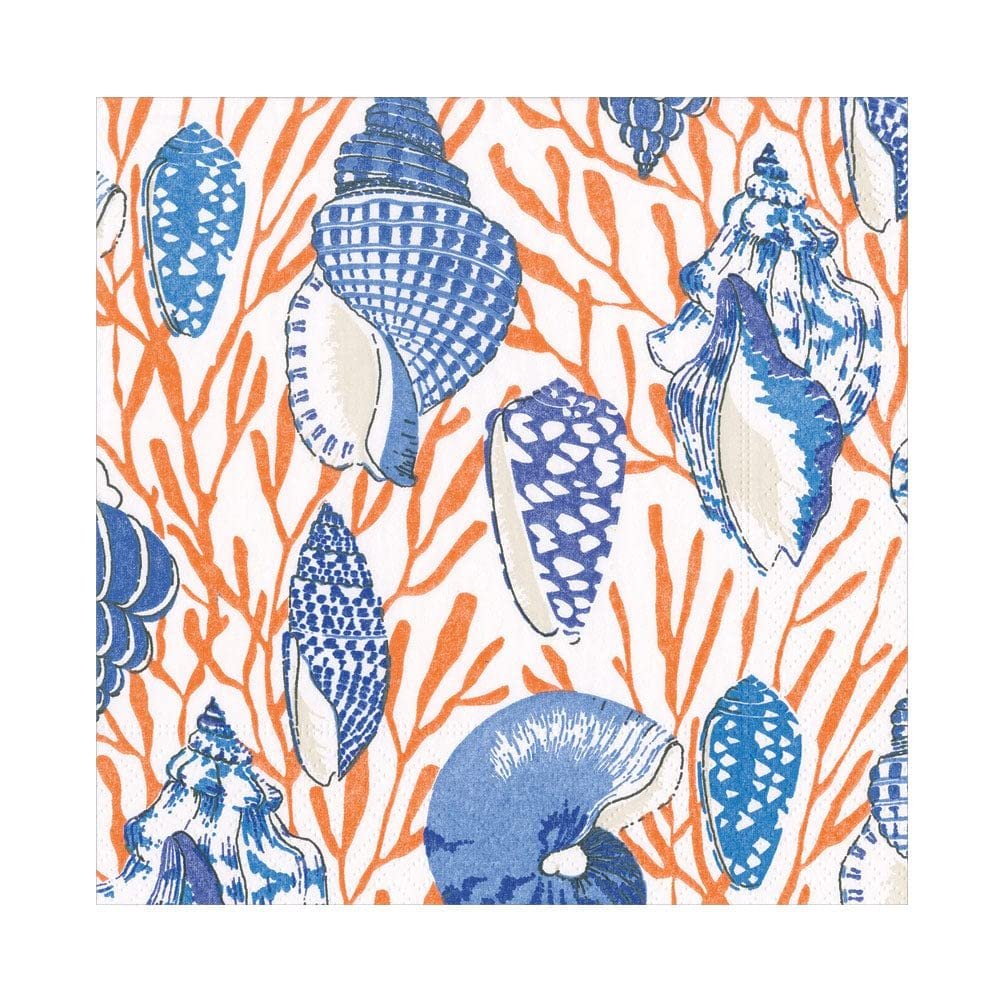 Caspari Shell Toile Luncheon Napkins in Coral & Blue - 20 Per Package - 4 Packages