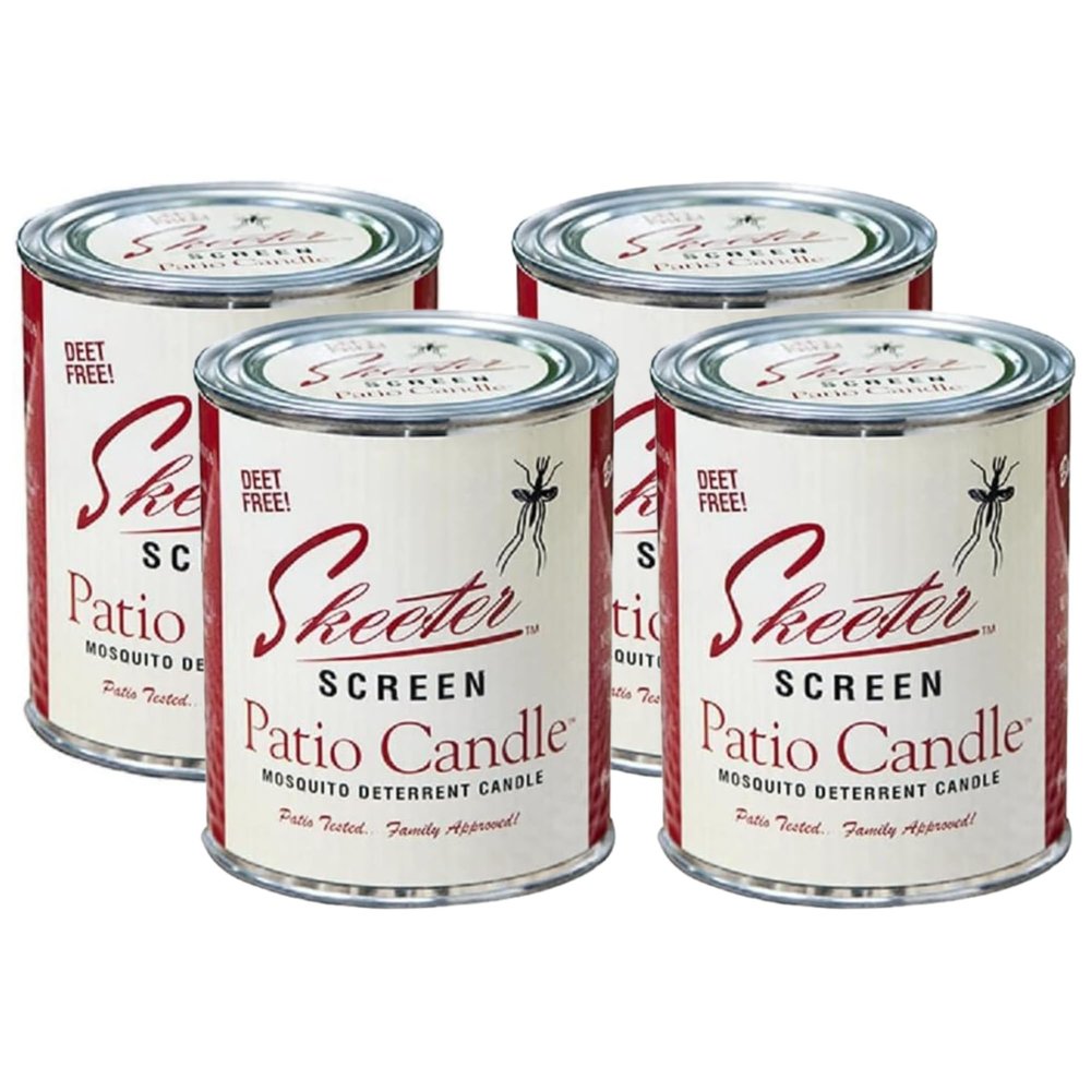 Skeeter Screen 90400 Patio Candle  80 Hour Burn Time  Clean-Burning Essential Oil Formula  Lead-Free Wick  Fresh Outdoor Scent for Patios, Decks, Balconies  15 Oz (Pack of 4)