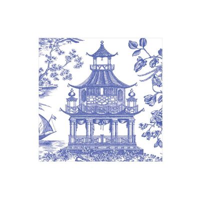Caspari Chinoiserie Toile Pagoda Paper Cocktail Napkins in Blue - 20 Per Box - 2 Packages