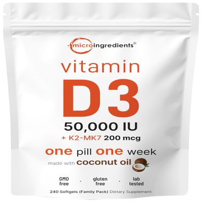 Micro Ingredients Vitamin D3 50,000 IU + K2 MK-7 200 mcg, 240 Softgels | Virgin Coconut Oil | 2-in-1 Support | Easy to Swallow, Non-GMO