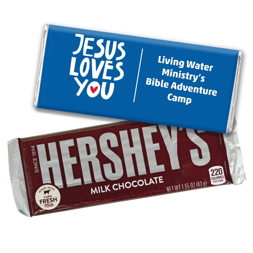 12ct Personalized Jesus Loves You Vacation Bible School Religious Candy Party Favors Chocolate Bars & Wrappers (12 Pack)