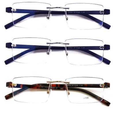 V.W.E. 3 Pairs Lightweight Rimless Reading Glasses Metal with Flexi Temple - Rectangular Anti Blue Blocker Reader (2 BlueGrey 1 Tort, 3.00, multiplier_x)
