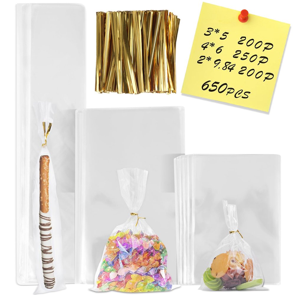 650 PCS Clear Flat Cellophane Treat Bags, 3x5",4x6",9.84x2" Cellophane Bags with Ties, Clear Gift Bags for Party Favors, Pretzel Rods, Bakery, Cookies, Candies, Dessert
