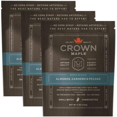 Crown Maple Glazed Nuts - Almonds, Cashews, Pecans, 4 Oz Pouch - Pure Maple Sweetened, Versatile Gourmet Snack