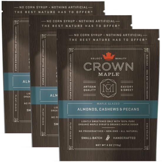 Crown Maple Glazed Nuts - Almonds, Cashews, Pecans, 4 Oz Pouch - Pure Maple Sweetened, Versatile Gourmet Snack