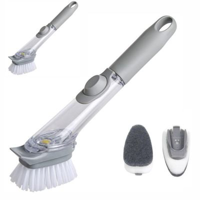 2pcs Long-handled pot washing brush with automatic dishwashing detergent, dishwashing brush with replaceable brush head, kitchen cleaning brush with comfortable grip, brush cutlery, stovetop, tabletop