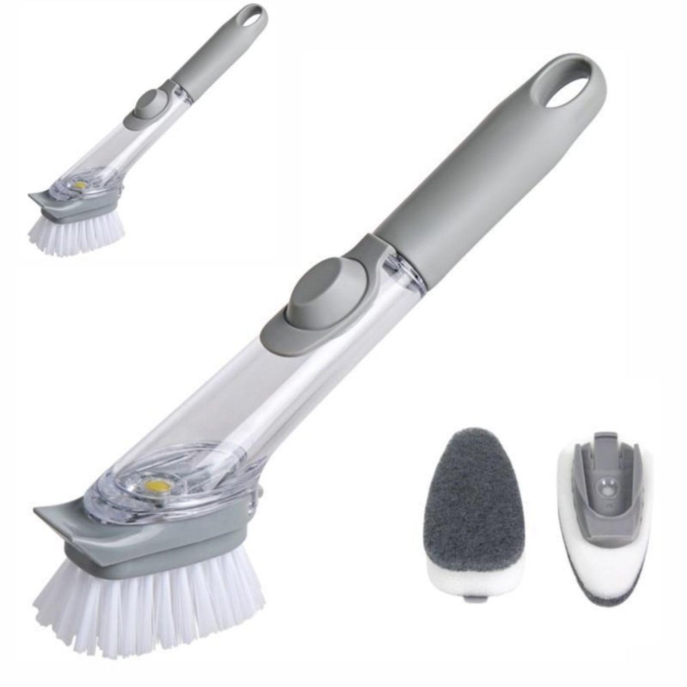 2pcs Long-handled pot washing brush with automatic dishwashing detergent, dishwashing brush with replaceable brush head, kitchen cleaning brush with comfortable grip, brush cutlery, stovetop, tabletop