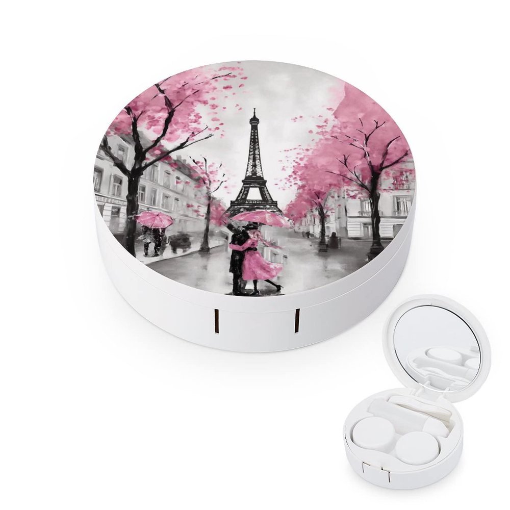 VHPVHP Contact Lenses Case Kit, Eiffel Tower Paris Romantic Street Contact Lens Case with Mirror,Portable Contact Box Travel Kit with Tweezers Remover for Outdoor And Office Daily Use