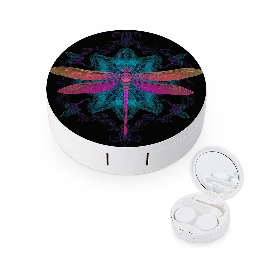 VHPVHP Contact Lenses Case Kit, Dragonfly Pattern Teal Mandala Contact Lens Case with Mirror,Portable Contact Box Travel Kit with Tweezers Remover for Outdoor And Office Daily Use