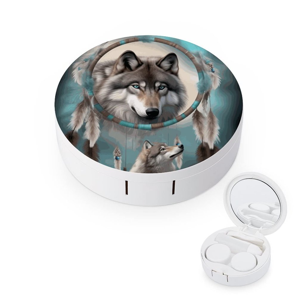 VHPVHP Contact Lenses Case Kit, Wolf Dream Catcher Contact Lens Case with Mirror,Portable Contact Box Travel Kit with Tweezers Remover for Outdoor And Office Daily Use