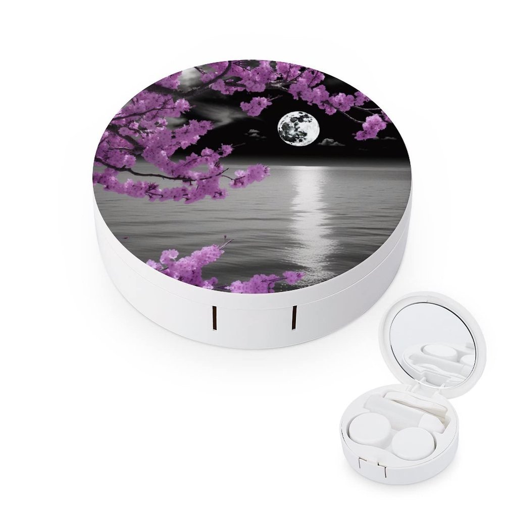 VHPVHP Contact Lenses Case Kit, Purple Japanese Cherry Blossom Contact Lens Case with Mirror,Portable Contact Box Travel Kit with Tweezers Remover for Outdoor And Office Daily Use