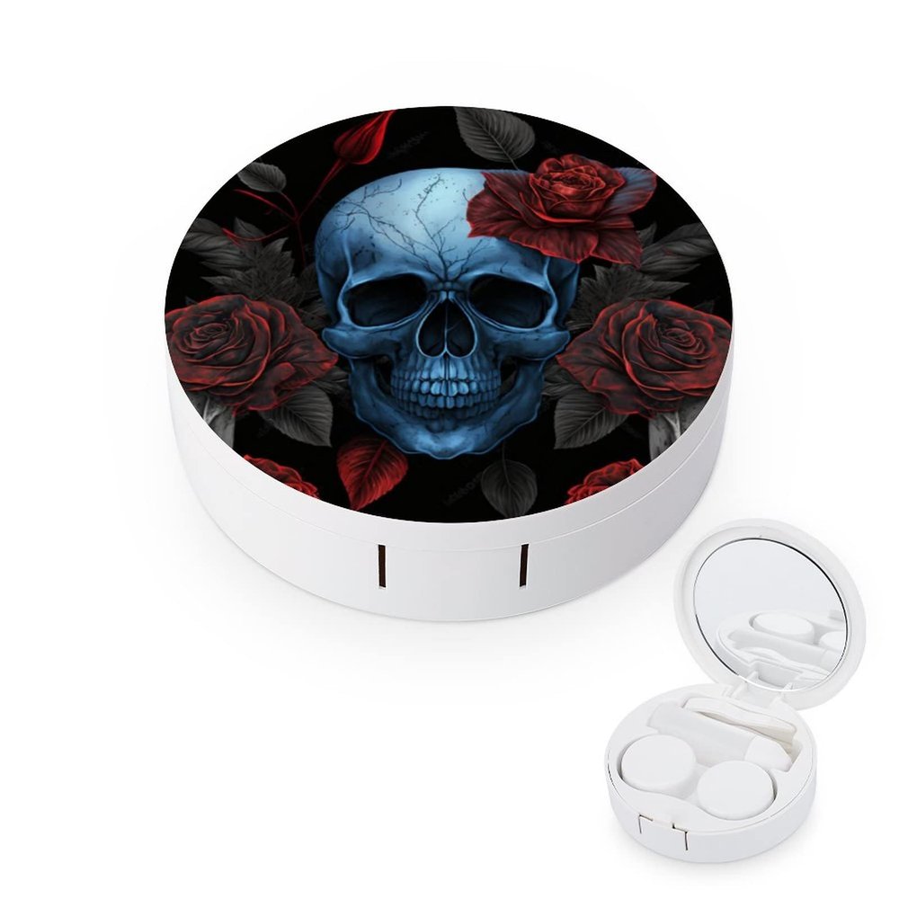 VHPVHP Contact Lenses Case Kit, Skull Blue Rose Contact Lens Case with Mirror,Portable Contact Box Travel Kit with Tweezers Remover for Outdoor And Office Daily Use