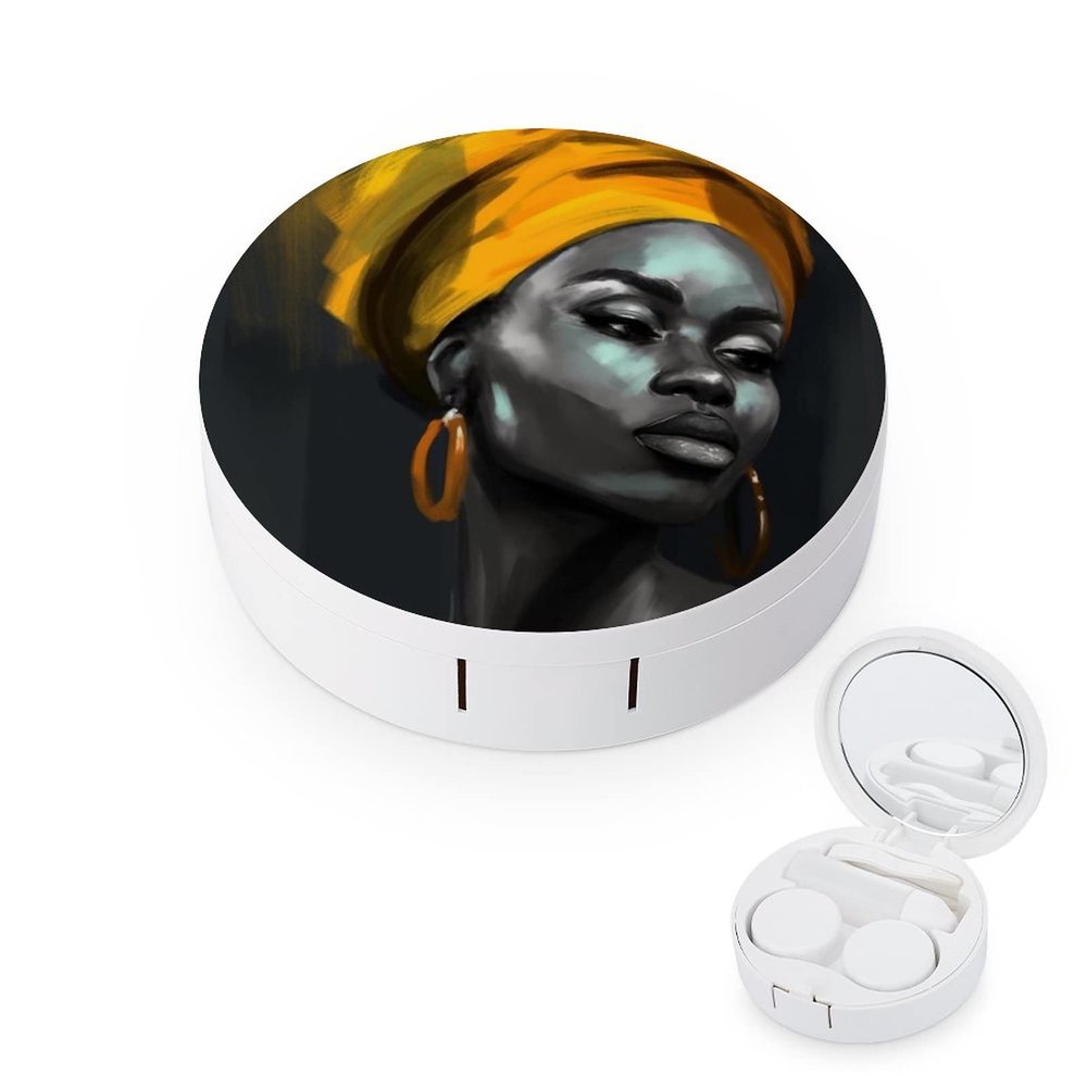 VHPVHP Contact Lenses Case Kit, African American Black Woman Beauty Abstract Contact Lens Case with Mirror,Portable Contact Box Travel Kit with Tweezers Remover for Outdoor And Office Daily Use