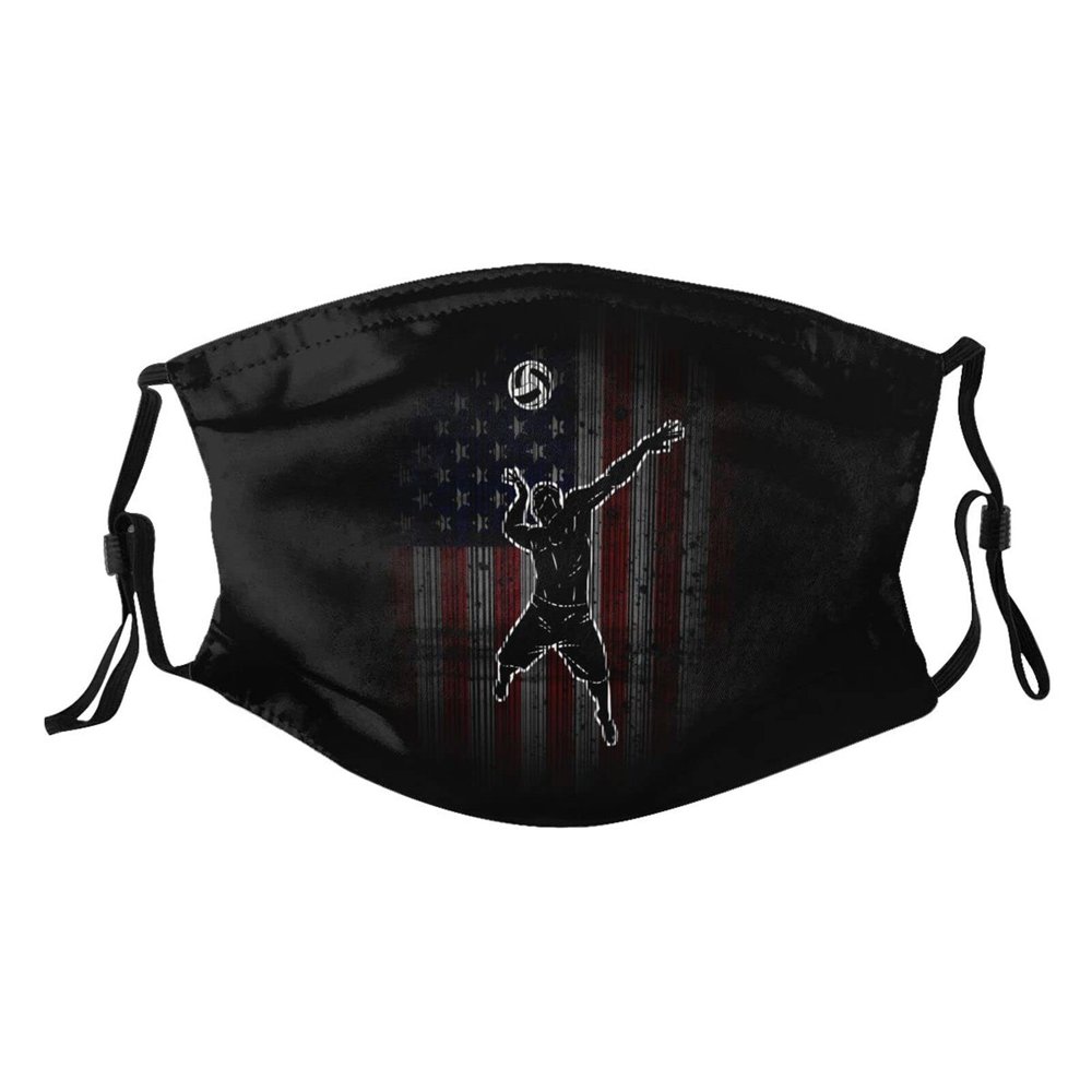 USA Flag Volleyball Face Mask Washable Reusable Adults Breathable with 2 Filters Black