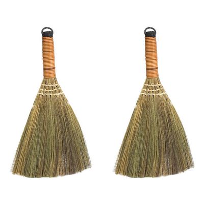 2pcs Natural Grass Asian Duster Whisk Broom Dustpan Brush Wooden Handmade Thai Sweeper Soft Straw Broom Cleaning Broomstick for Dusting Sweeping Garbage