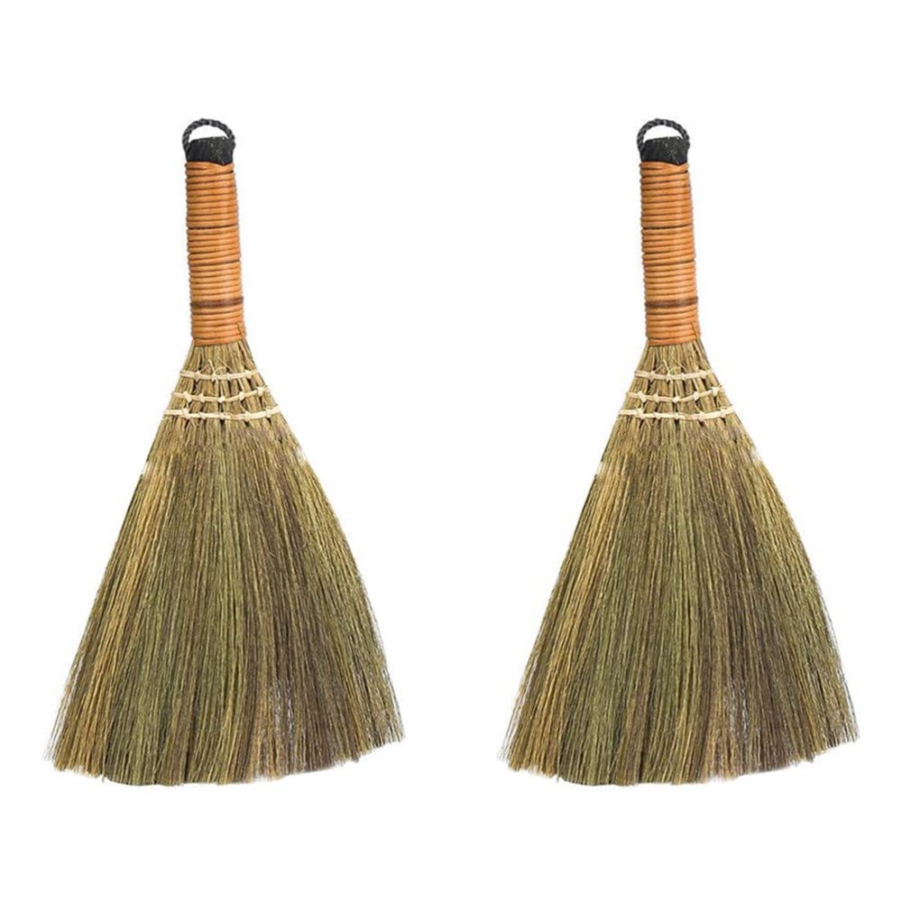 2pcs Natural Grass Asian Duster Whisk Broom Dustpan Brush Wooden Handmade Thai Sweeper Soft Straw Broom Cleaning Broomstick for Dusting Sweeping Garbage