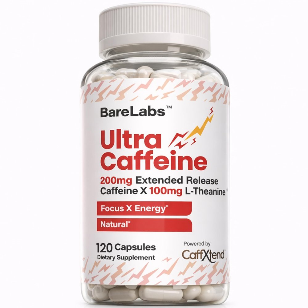 BareLabs Extended Release Caffeine Pills + Caffeine L-Theanine + Focus & Energy Supplement + No Jitters, No Crash + Natural - 120 Capsules