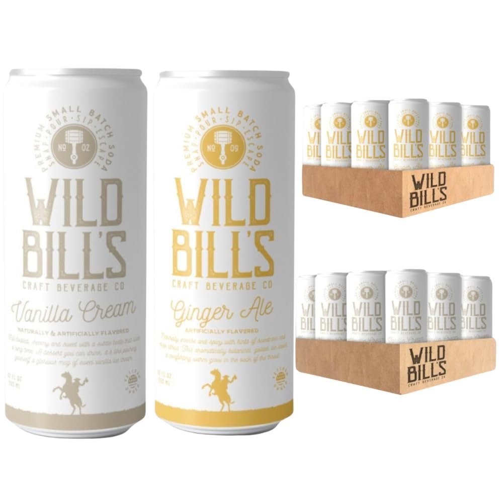 Wild Bill's Vanilla Cream and Ginger Ale Soda Bundle, Classic Craft Soda Pop Soft Drinks, Sodas Made with Pure Cane Sugar, Caffeine Free, NO High Fructose Corn Syrup, Gluten Free, Vegan, 12 Oz 24 Pack