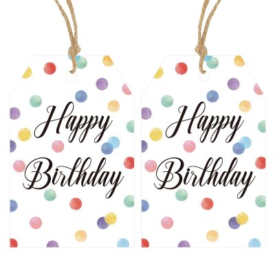 Anwyll Happy Birthday Gift Tags - 50Pcs With String for Presents, Party Favors, Baby Shower - Colorful Dots Paper Labels for Gift Bags