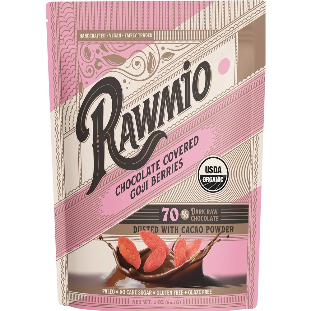Rawmio Chocolate Covered Goji Berries - Organic, Raw, Vegan, 70% Dark Chocolate, 2 oz. - Pack of 2