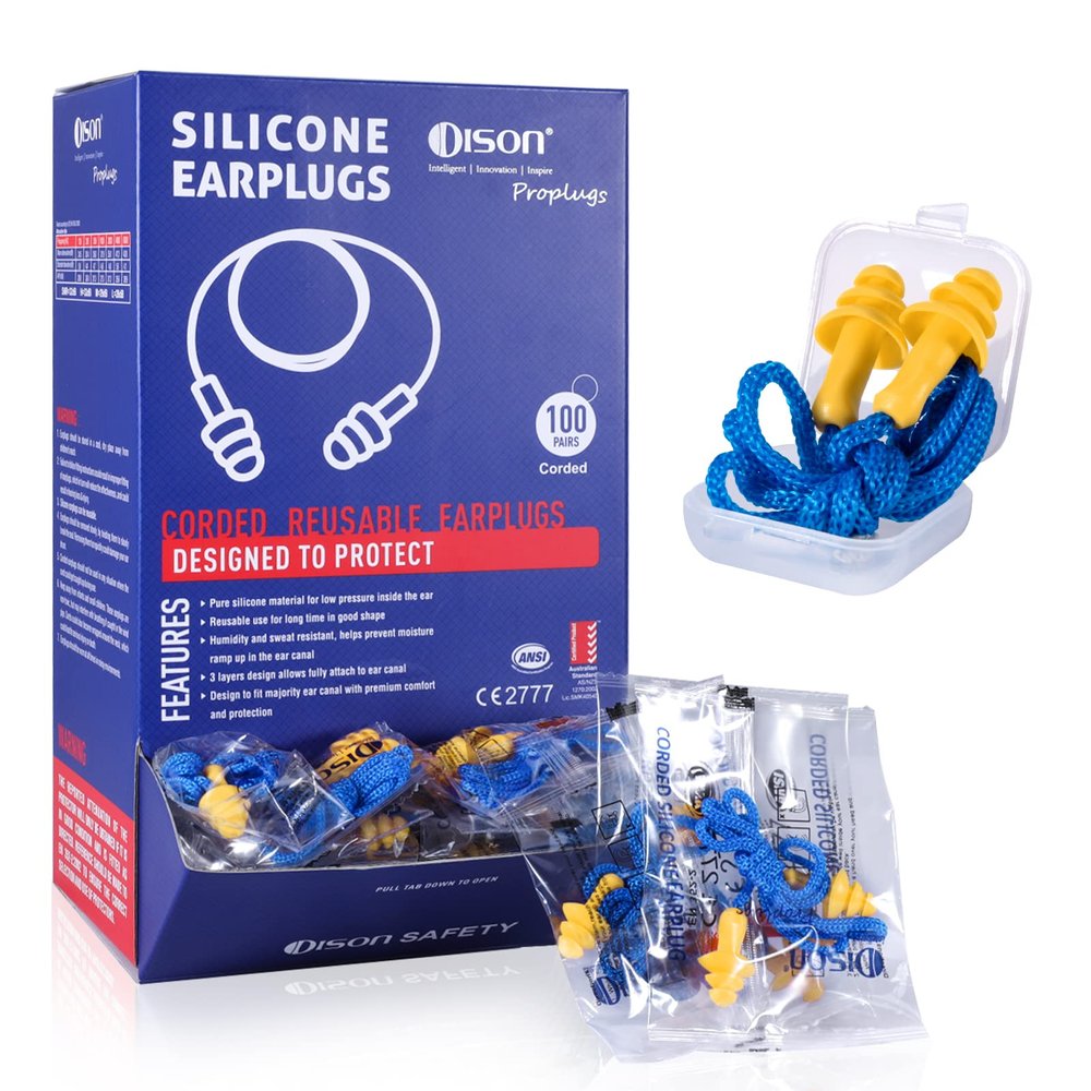 Dison 100Pairs Silicone Ear Plugs, 32dB Corded Reusable Earplugs for Hearing Protection, Noise Reduction for Shooting Range, Work, Travel