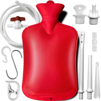 2 L Enema Bag with SwitchHot-Water Bottle5.0 ft. Long Silicone Hose ,3 Multi-Size Reusable Tips, Controlable Water Flow Valve- Coffee, Shower, Douche & Home Adult Enema KitRED